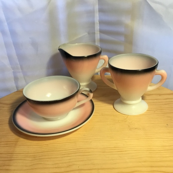 Vintage HAZEL ATLAS OVIDE Sugar & Cream Set w/1Cup & Saucer Retro Pink Black - Picture 1 of 8